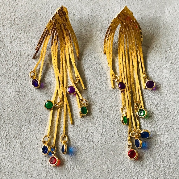 Vintage 80’s Costume Gold Tone Cascading Tassel Fringe 3 Inch Post Earrings - Picture 3 of 12